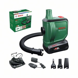 Bosch EasyInflate 18V-500 akkus légpumpa tartozékokkal és akkumulátorral szettben.