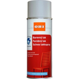 Színes spray piros festékkel és OBI logóval. Alkalmas fa bútorokhoz.