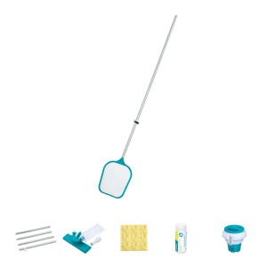 Bestway Flowclear medencetisztító készlet: háló, porszívó, vízelemző, adagoló a tiszta vízért.