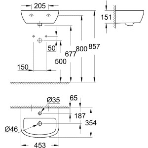 Műszaki rajz: Grohe Bau Ceramic kézmosó 45 cm, méretek és részletek a telepítéshez.