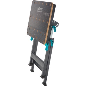 Összecsukott wolfcraft Master 650 Ergo munka- és szorítóasztal szürke acélcső vázzal és munkalappal.