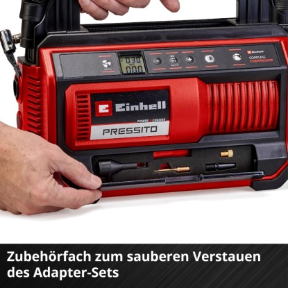 Einhell Power X-Change Pressito 18/25 akkus kompresszor nyitott tartozékrekesszel és adapterekkel.