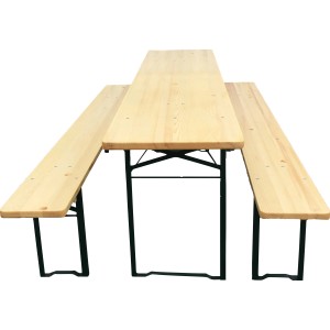 Összecsukható sörsátor garnitúra 50 cm széles asztallal és két paddal, természetes fa, zöld keret.