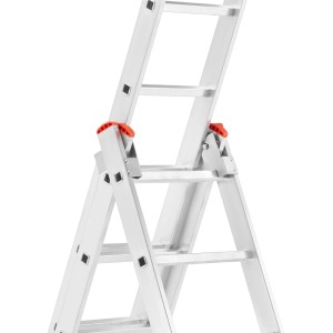 Ezüstszínű t.b.t. létra narancssárga részletekkel, közelről.
