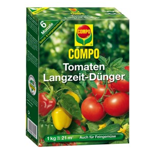 Compo paradicsom tartós műtrágya 1 kg-os csomag paradicsom, paprika és uborka illusztrációval.