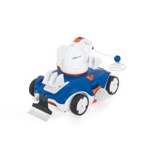 Kék-fehér medence robot kefével és kábellel. Tisztító eszköz úszómedencékhez.