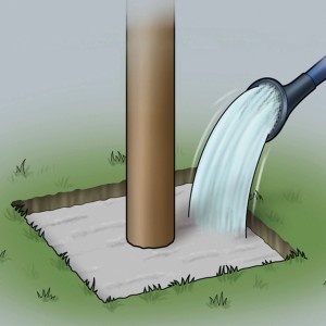 Sakret Setz-Fix habarcs: Oszlop rögzítése gyorsan kötő betonban locsolókannából származó vízzel.