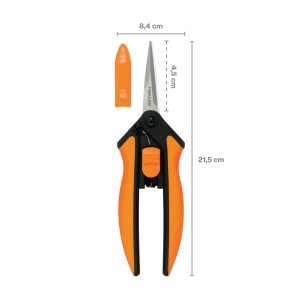 Fiskars Microtip SP130 kerti olló narancssárga markolattal és védőburkolattal.