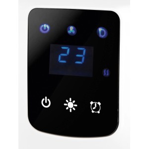 A Sula 2000 W-os fürdőszobai fűtőventilátor kijelzőjének közeli képe hőmérséklet kijelzéssel.