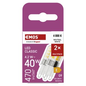 EMOS LED izzó Classic JC / G9 /4,2 W (40 W)/470 lm/Természetes fehér/2 db/csomag