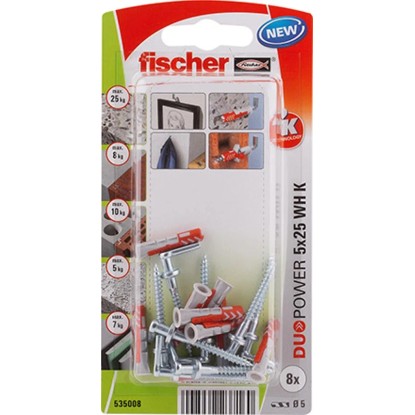 Fischer DUOPOWER 5x25 WH K tiplik, 8 darab, különböző építőanyagokhoz.