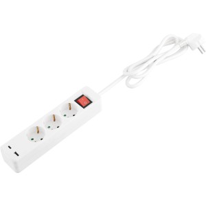 Fehér 3-as elosztó 2 USB porttal és 1,4 m kábellel.