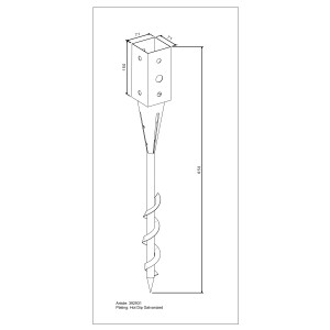 Rajz egy tűzihorganyzott csavaros talajhüvelyről, 650 mm hosszú, 70 mm-es oszlopokhoz.