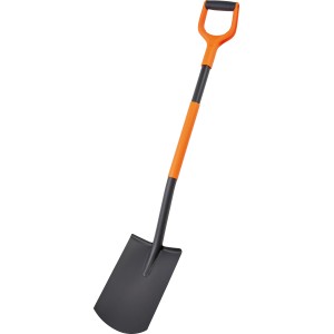 OBI ásó, 115 cm, narancssárga nyéllel és fekete pengével. Kerti eszköz ásáshoz.