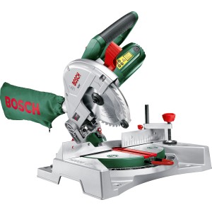 Bosch PCM 7 gérvágó fűrész lézerrel, porzsákkal és kombinált szorítóval.