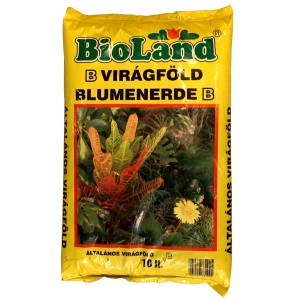 BioLand virágföld zsák, sárga csomagolás növény illusztrációval.