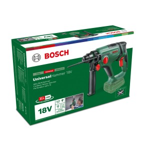 Bosch UniversalHammer 18V akkus fúrókalapács a dobozban. A fúrókalapács zöld és fekete.