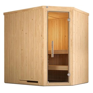 Weka Elementsauna Varberg 1 Üvegajtós takarék szett, természetes lucfenyő, sarokbejárattal.