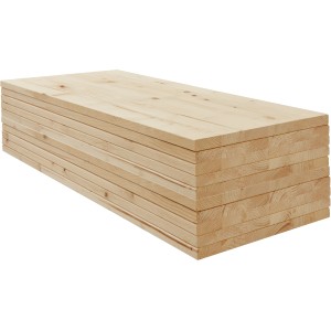 Kezeletlen lucfenyő ragasztott táblák halmaza 100x30x1,8 cm polcokhoz és bútorkészítéshez.