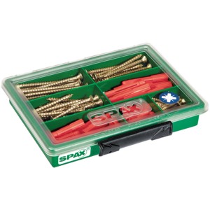 Spax Assorter sárga kereszthornyú csavarokkal és tiplikkel, 130 darabos fa csavarkészlet.