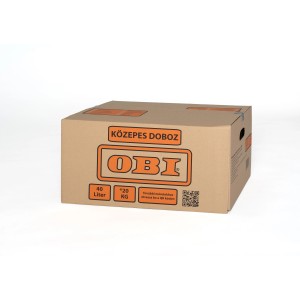 OBI költöztető doboz, közepes méret, 40 literes térfogat, 20 kg-ig terhelhető.