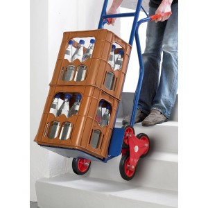 Pro-Bau-Tec lépcsőjáró molnárkocsi italosládákkal a lépcsőn, acél, 150 kg teherbírás.
