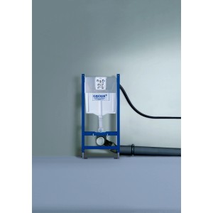 Grohe QuickFix WC tartóelem, 1,13 m magas, kék kerettel és öblítőtartállyal.