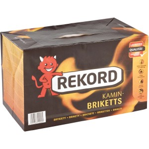 Rekord kandalló barnaszén brikett, 10 kg-os papírcsomag, tisztán csomagolva fogantyúval.