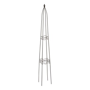 Fekete, szögletes obeliszk növénytámasz, 120 cm magas, acélból, kerti kúszónövényekhez.