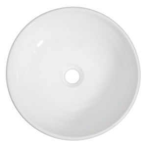 Kerek, fehér kerámia pultra ültethető mosdó (Ø 42 cm), csaplyuk nélkül.