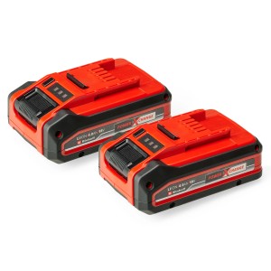 Két Einhell Power X-Change 18V/4,0 Ah akkumulátor elektromos szerszámokhoz, piros és fekete.