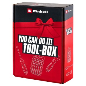 Piros Einhell Toolbox You can do it 1.0 ajándékdoboz 32 részes bitkészlettel, csavarhúzóval és sörnyitóval.