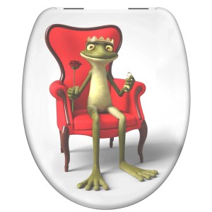Schütte Frog King WC ülőke béka mintával, lassú záródással és piros fotellel.