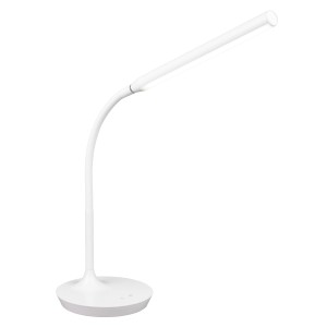 Fehér Toro LED asztali lámpa flexibilis karral, ideális íróasztalra vagy éjjeliszekrényre.
