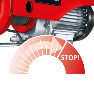 Közelkép az Einhell TC-EH 250 kötélcsörlőről piros motorburkolattal és stop szimbólummal.