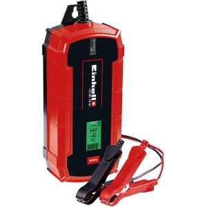 Einhell CE-BC 10 M akkumulátortöltő autóhoz, motorkerékpárhoz LCD kijelzővel és töltőcsipeszekkel.