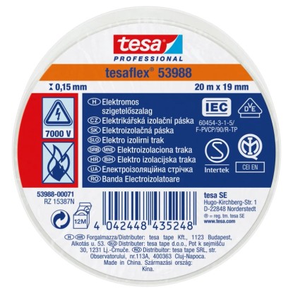 tesa elektromos szigetelőszalag fehér 20 m x 19 mm