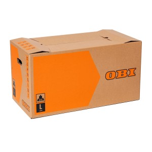 OBI költöztető doboz L, 80 l, 30 kg-ig terhelhető, duplafalú kartonból, fogantyúkkal és feliratozható mezőkkel.