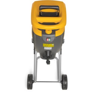 Stiga Bio Master 2200 elektromos aprító, 2200 W, sárga/szürke, kerekekkel és gyűjtőzsákkal.
