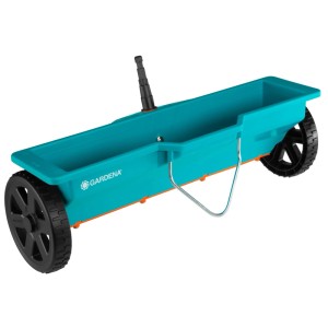 Gardena Combisystem szórókocsi műtrágyához és vetőmaghoz, türkiz színű, fekete kerekekkel.