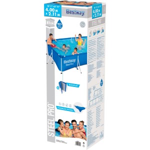 A Bestway Frame Pool Steel Pro 400x211x81cm csomagolása, kék acélvázas medence.