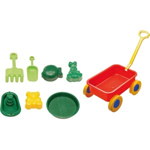 Mini játék talicska műanyag homokozó játékokkal a kerti szórakozáshoz.