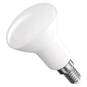 Fehér E14 LED lámpa reflektor dizájnnal.