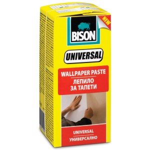 Bison Universal tapétaragasztó, sárga csomagolás használati példával.