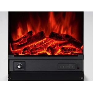 Glasbury Fire elektromos kandalló: valósághű LED lánghatás, izzó fahasábok, hőmérséklet-szabályzó és kezelőpanel.