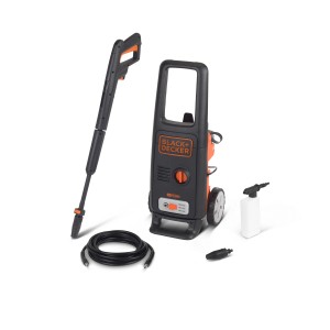Black+Decker magasnyomású mosó szett lándzsával, tömlővel, fúvókával és tisztítószer tartállyal.