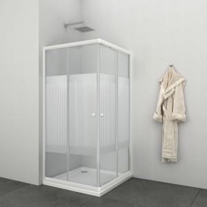 Sanotechnik sarok zuhanykabin 180x80x80 cm csíkos üveggel és fehér profilokkal.