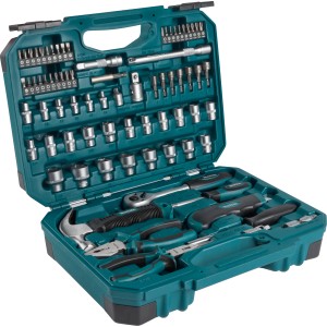 Makita szerszámkészlet E-10899, 76 darabos, nyitott, türkizkék tokban, különféle szerszámokkal.