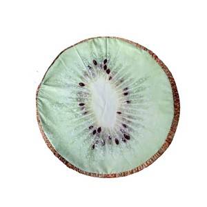 Kerek, zöld, kiwi mintás ülőpárna kerti bútorokhoz.