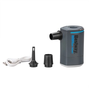 Bestway PowerTouch Pocket akkumulátoros légszivattyú tartozékokkal: adapterek, USB kábel és pumpa.